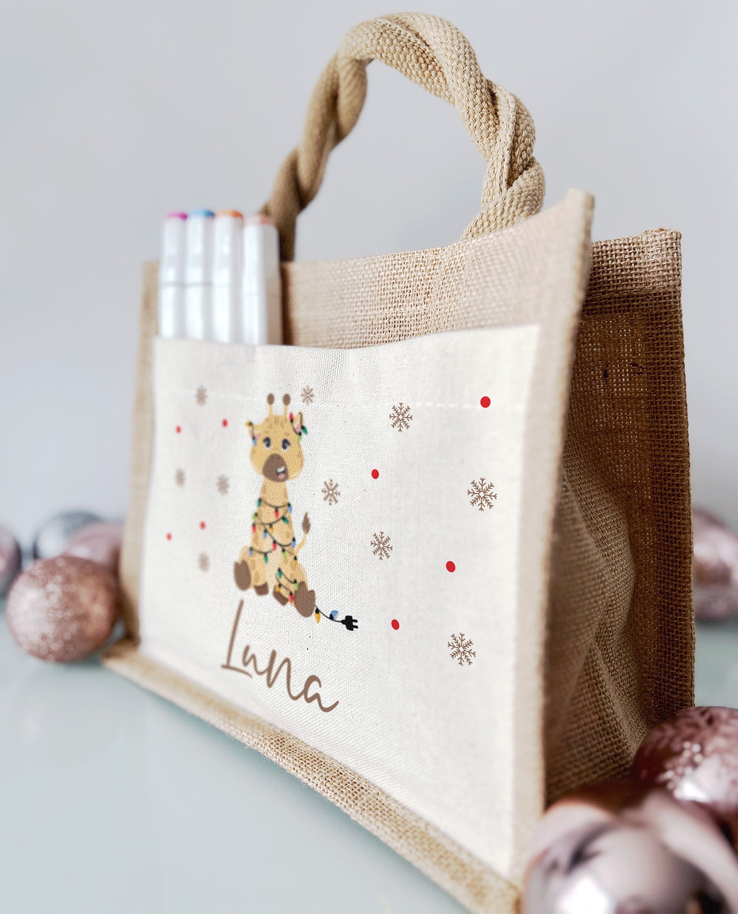 Jute Pocket Tasche mit Namen | Weihnachts- Giraffe