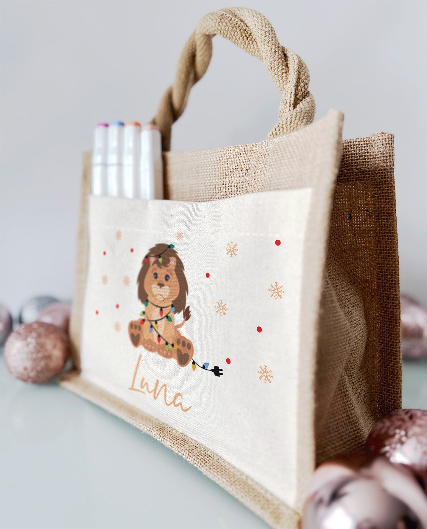 Jute Pocket Tasche mit Namen | Weihnachts- Löwe