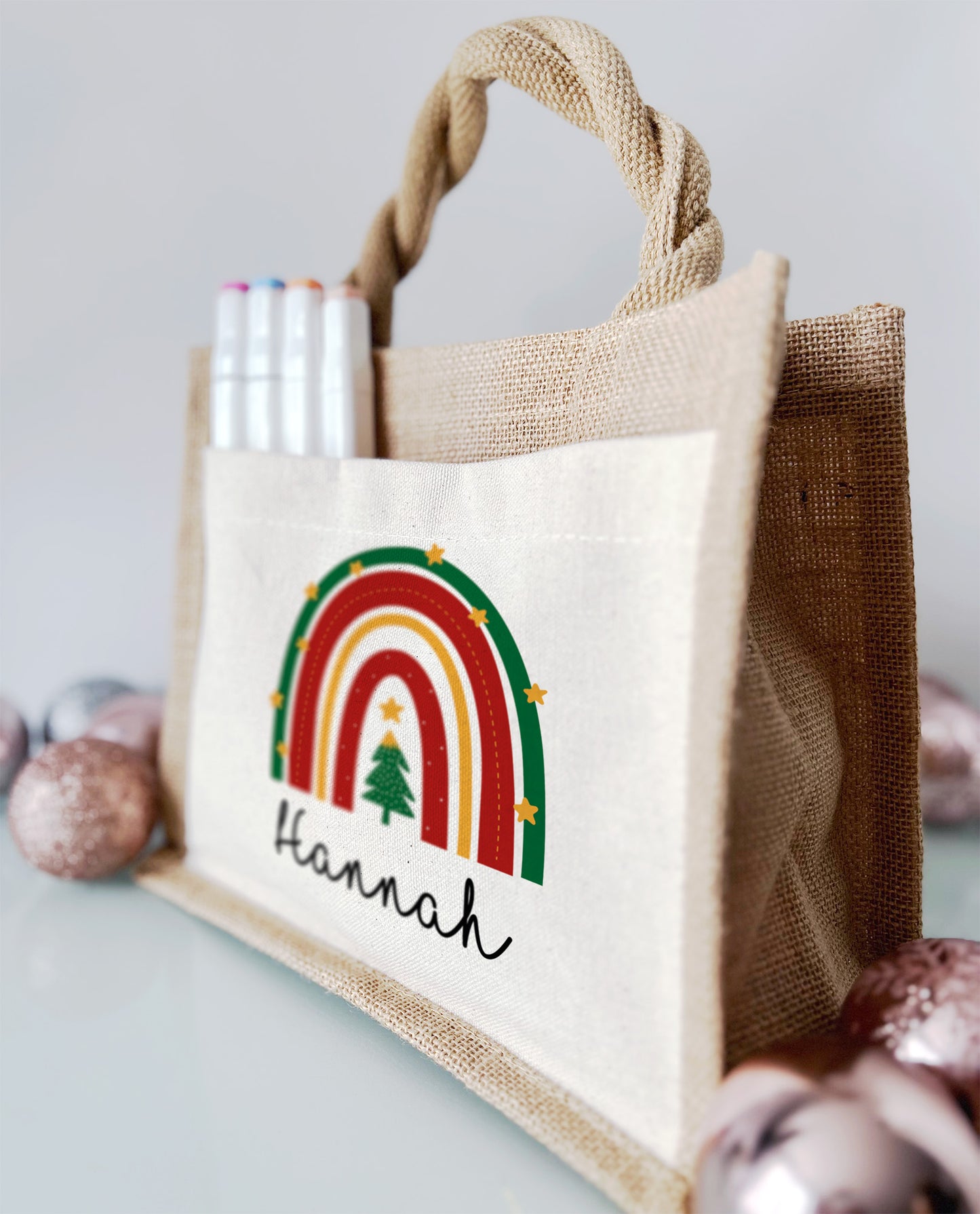 Jute Pocket Tasche mit Namen | Weihnachts- Regenbogen