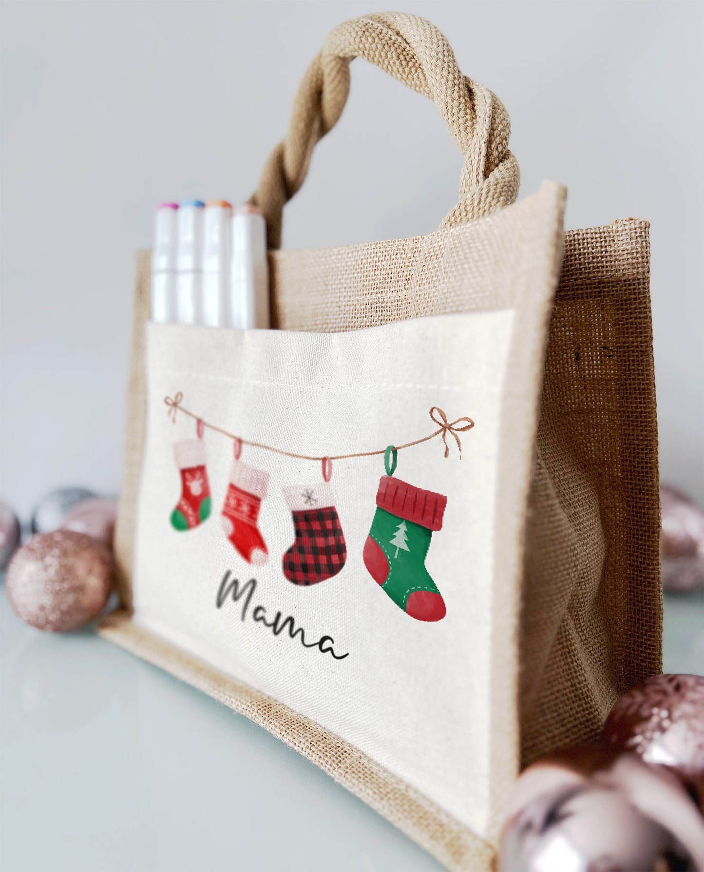 Jute Pocket Tasche mit Namen | Socken