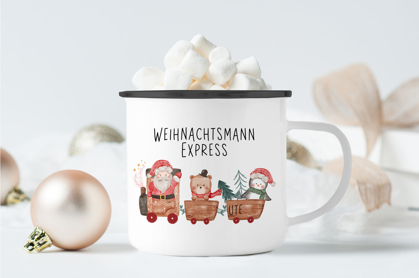 Emaille Tasse mit Name | Weihnachtsmann Express
