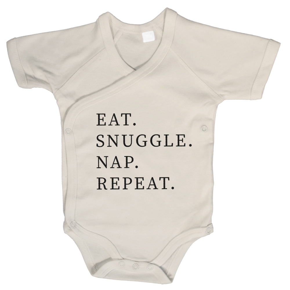 Baby Body Kurzarm mit Spruch | Wickelbody aus Bio-Baumwolle | Eat. Snuggle. Nap. Repeat.