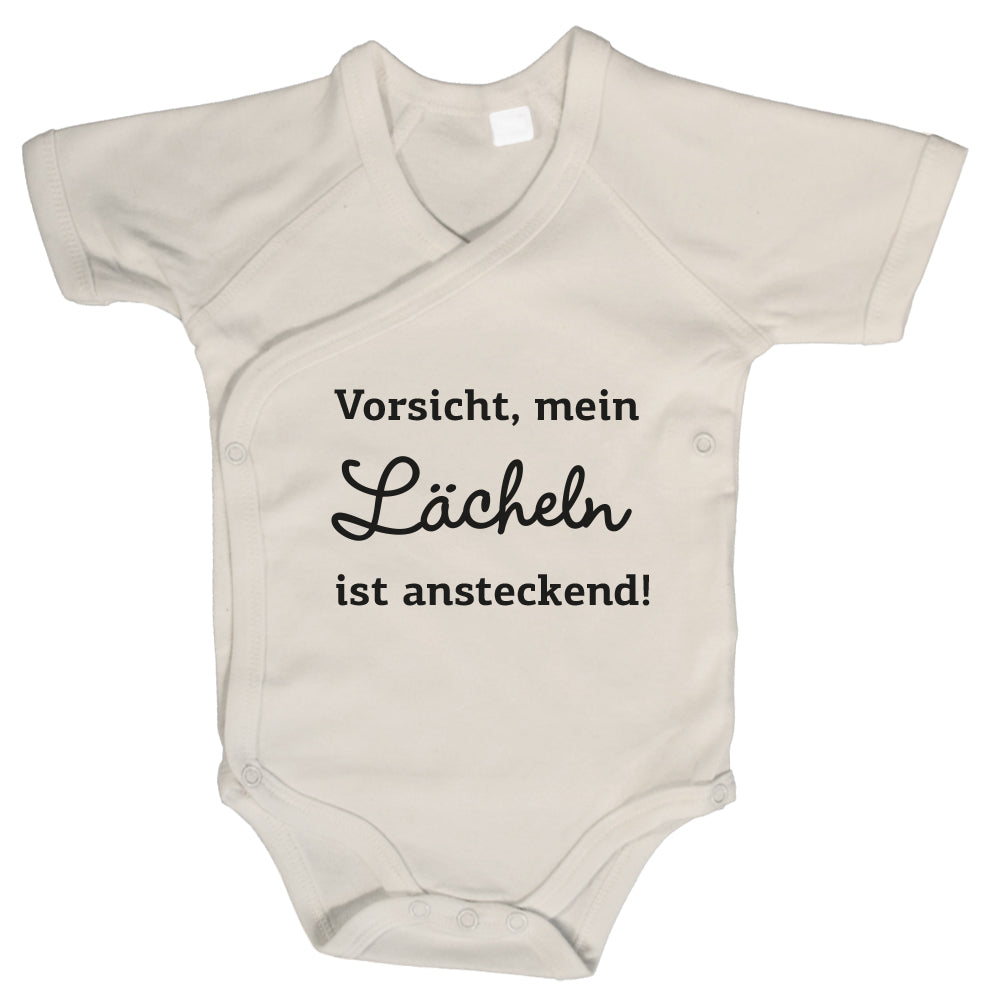 Baby Body Kurzarm mit Spruch | Wickelbody aus Bio-Baumwolle | Vorsicht, mein Lächeln ist ansteckend