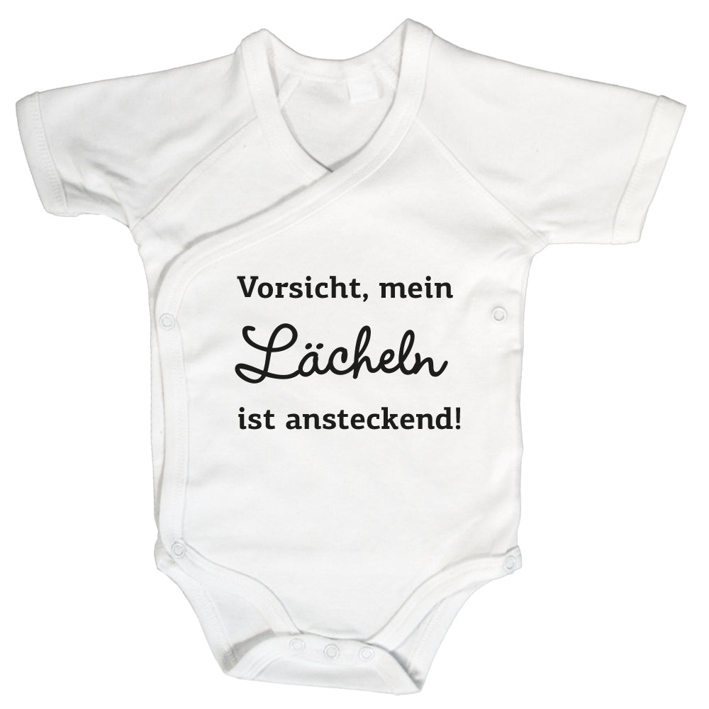 Baby Body Kurzarm mit Spruch | Wickelbody aus Bio-Baumwolle | Vorsicht, mein Lächeln ist ansteckend