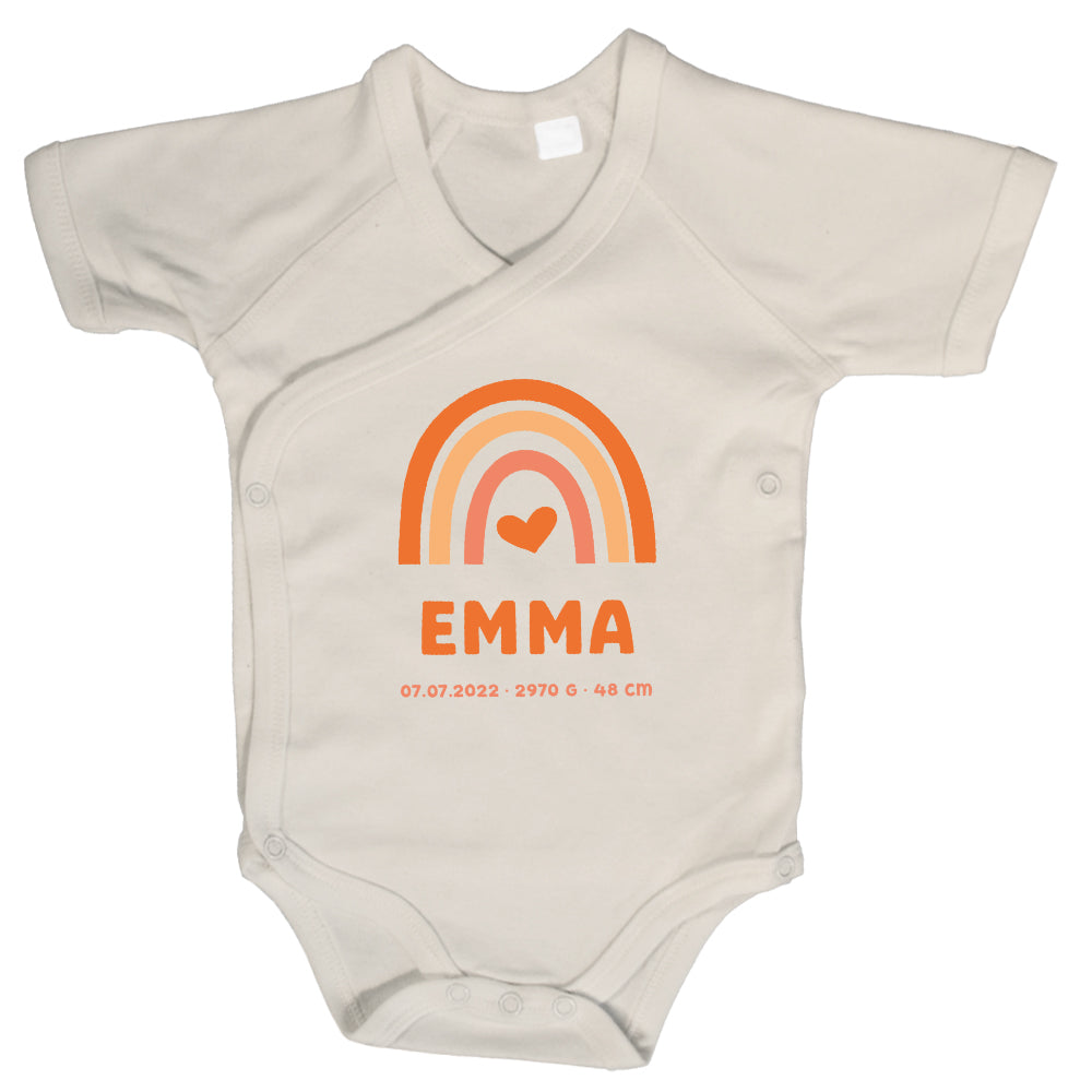 Baby Body Kurzarm mit Name & Geburtsdaten | Wickelbody aus Bio-Baumwolle | Regenbogen Gelb