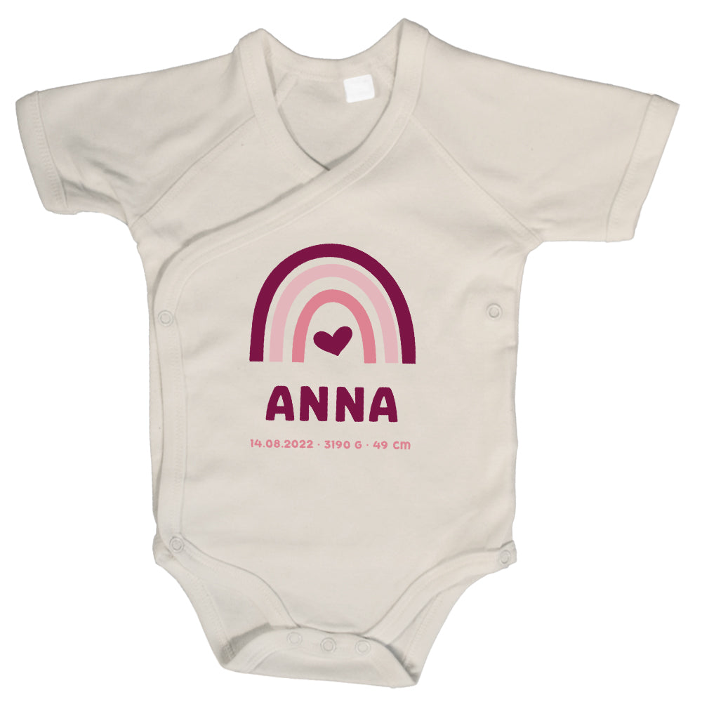 Baby Body Kurzarm mit Name & Geburtsdaten | Wickelbody aus Bio-Baumwolle | Regenbogen Pink
