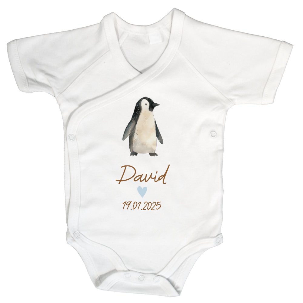 Baby Body Kurzarm mit Name & Geburtsdatum | Wickelbody aus Bio-Baumwolle | Tierparty - Pinguin