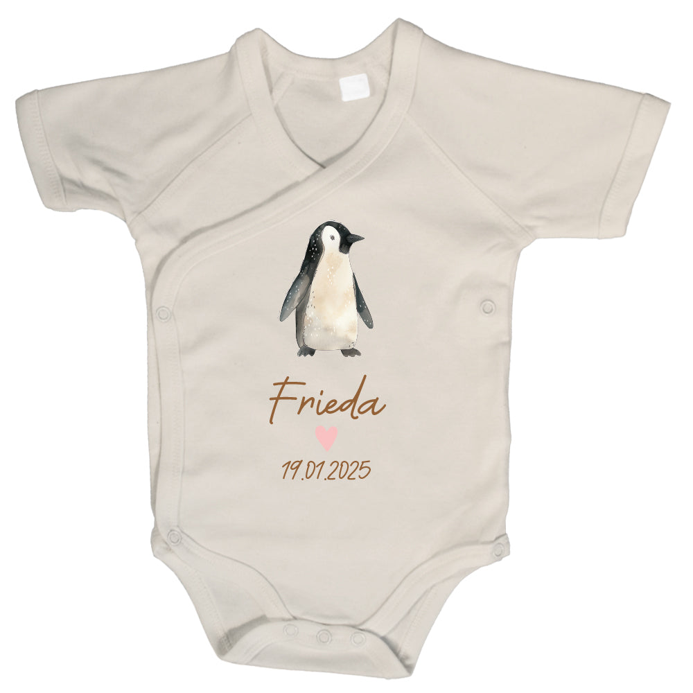 Baby Body Kurzarm mit Name & Geburtsdatum | Wickelbody aus Bio-Baumwolle | Tierparty - Pinguin