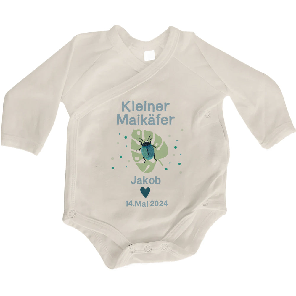 Baby Body Langarm mit Name & Datum | Wickelbody aus Bio-Baumwolle | Kleiner Maikäfer in Blau