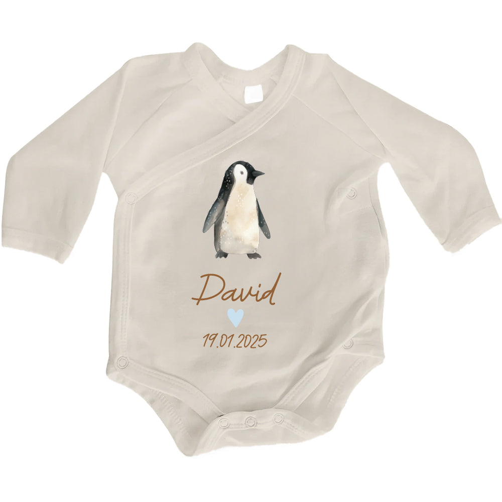 Baby Body Langarm mit Name & Geburtsdatum | Wickelbody aus Bio-Baumwolle | Tierparty - Pinguin