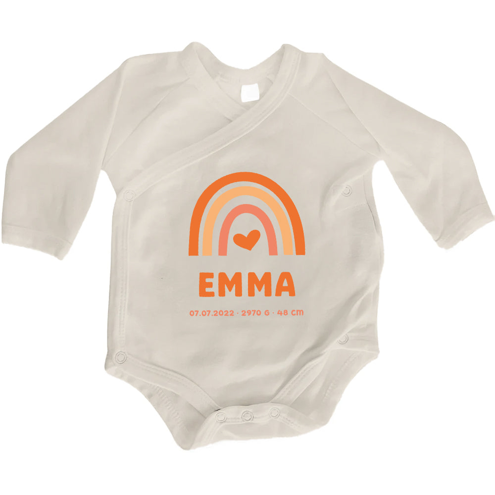 Baby Body Langarm mit Name & Geburtsdaten | Wickelbody aus Bio-Baumwolle | Regenbogen Gelb