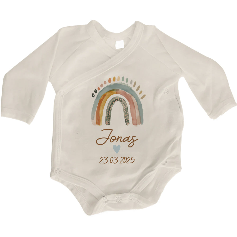 Baby Body Langarm mit Name & Geburtsdatum | Wickelbody aus Bio-Baumwolle | Boho Regenbogen