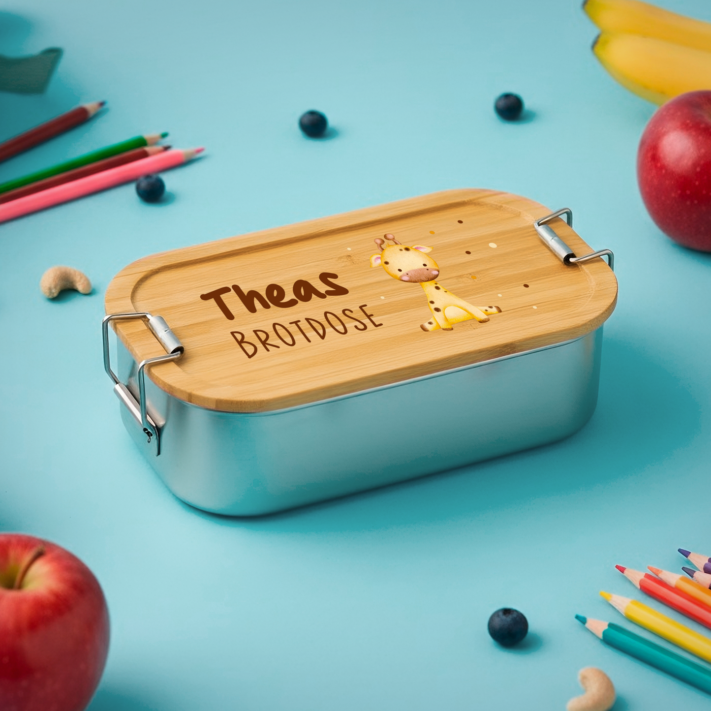 Brotdose | Edelstahl mit Bambusdeckel | 700 ml | Tierkinder Giraffe