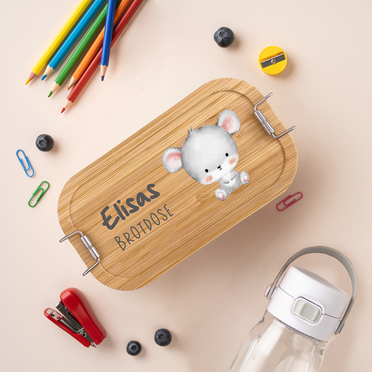 Brotdose | Edelstahl mit Bambusdeckel | 700 ml | Tierkinder Maus