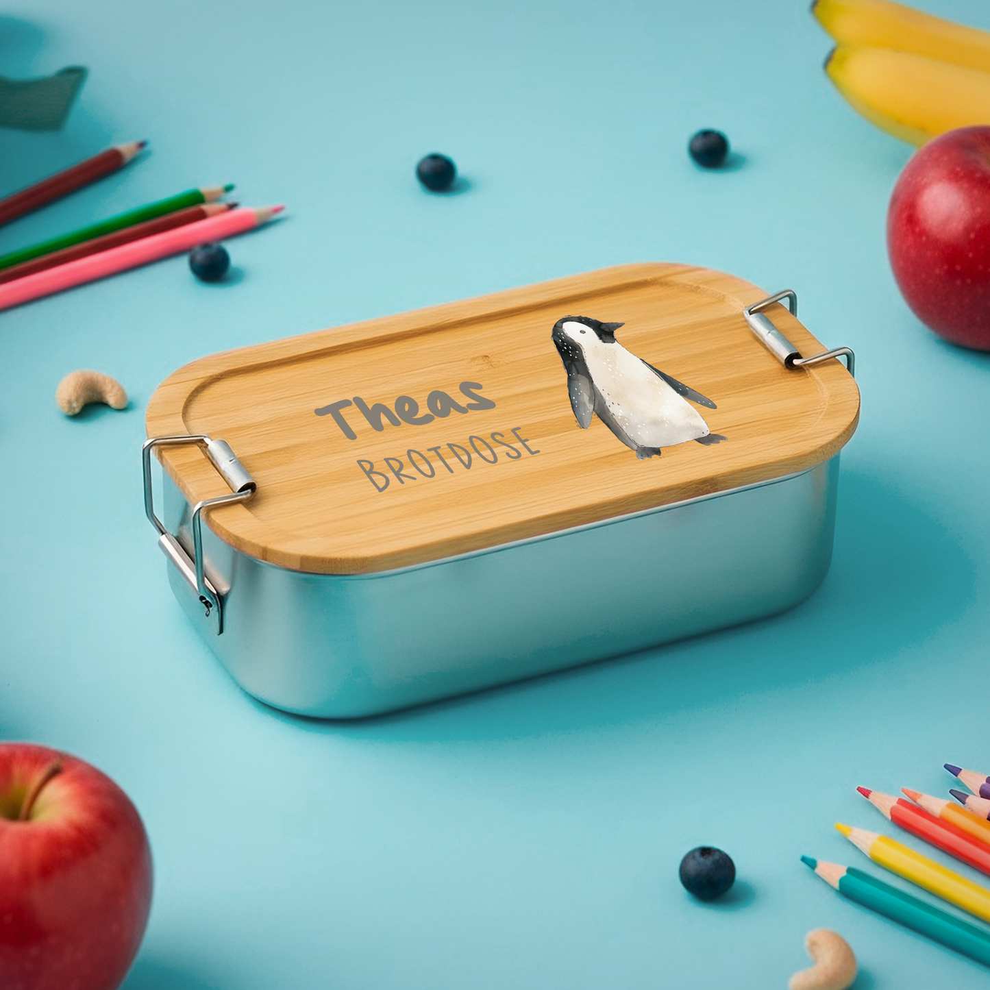 Brotdose | Edelstahl mit Bambusdeckel | 700 ml | Tierparty Pinguin