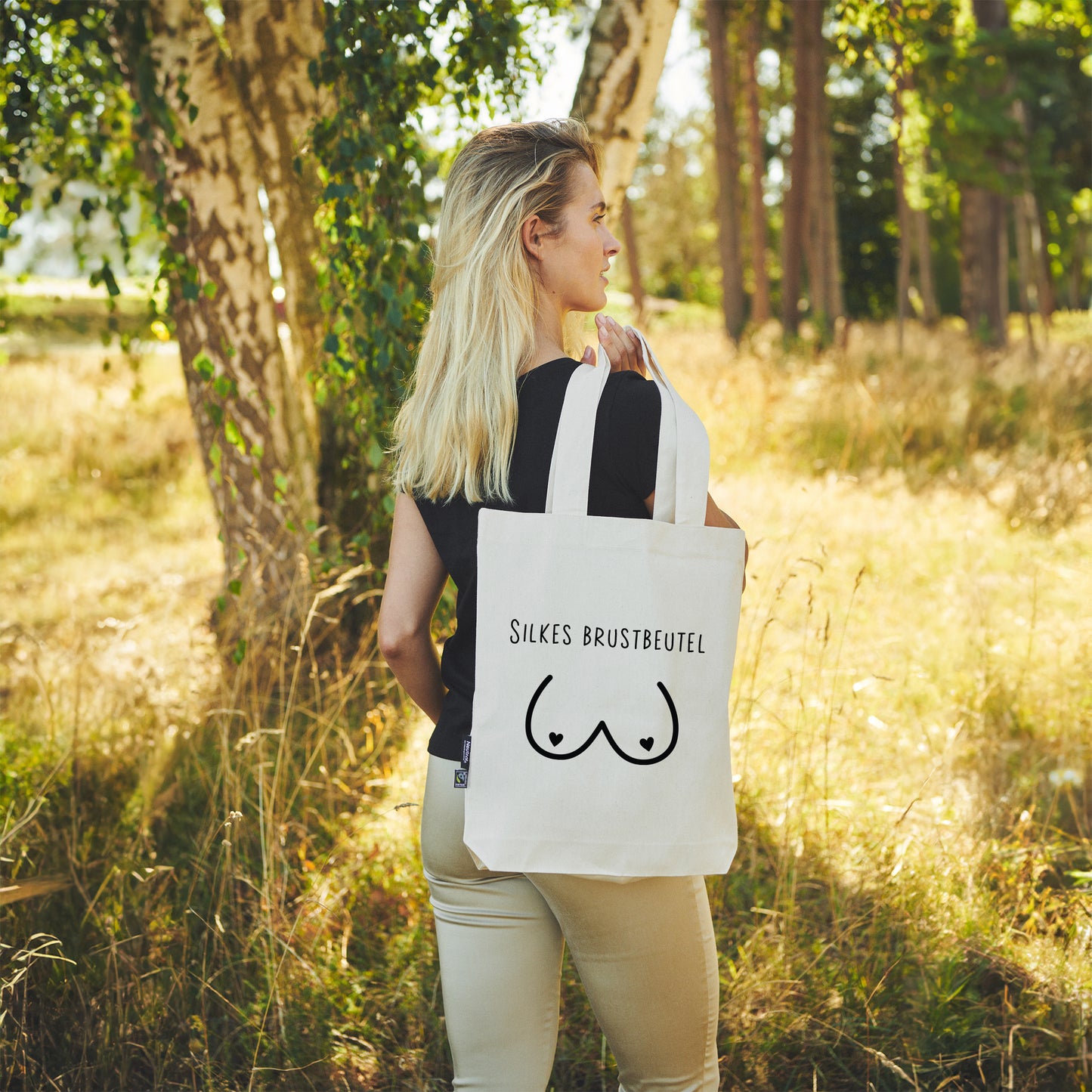 Brustbeutel | feste Stofftasche | lange Henkel | personalisiert mit Brust-Motiv | schwarz oder pink | Bio- Baumwolle | Twill Bag natur - verschenkich.de