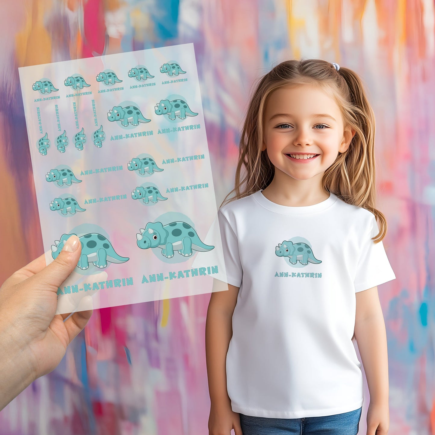 Kind trägt weißes T-Shirt mit aufgebügeltem Dino-Motiv und personalisiertem Namen „Ann-Kathrin“, Bügelbild-Bogen wird im Vordergrund gezeigt