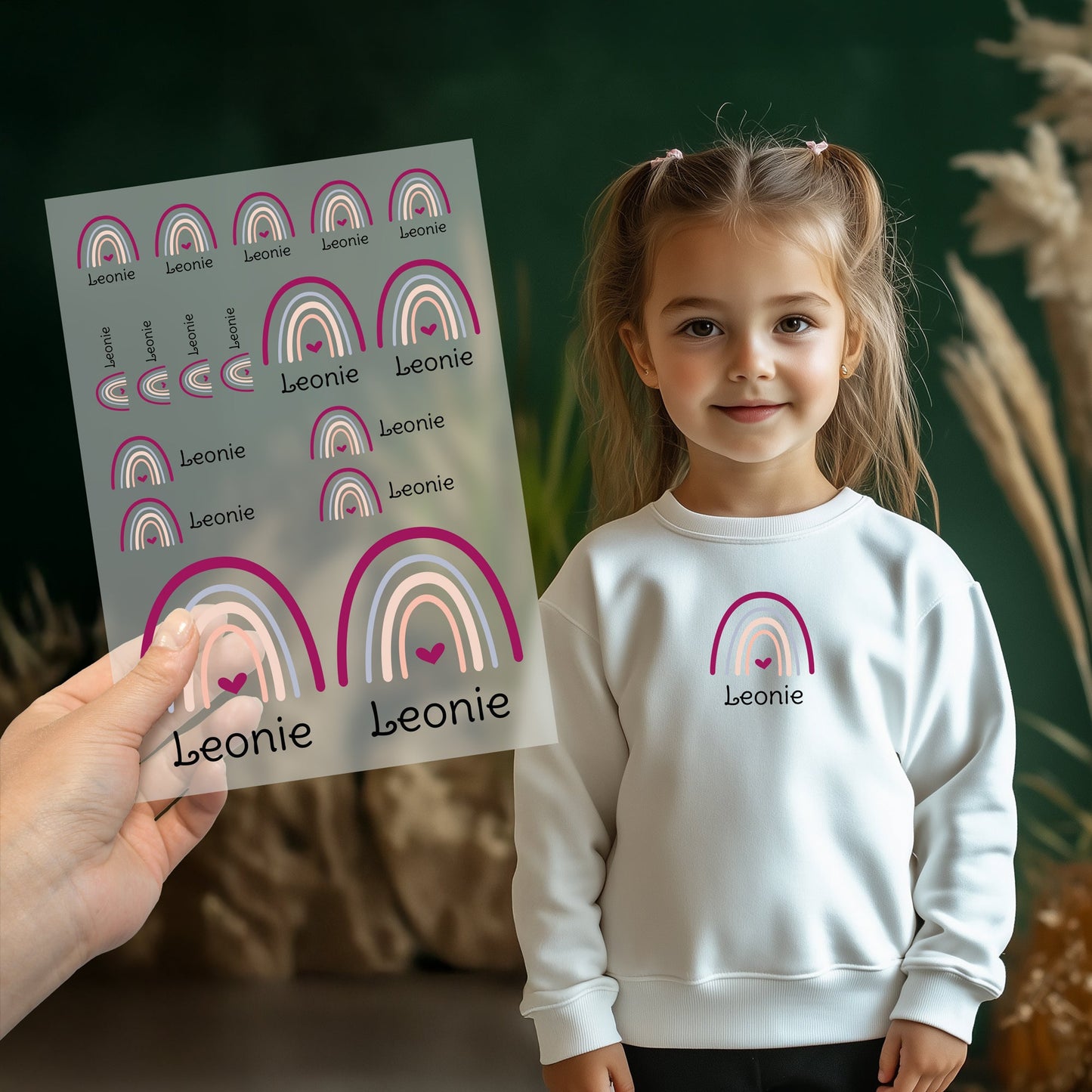 Kind trägt weißen Pullover mit aufgebügeltem Regenbogen-Motiv und personalisiertem Namen „Leonie“, Bügelbild-Bogen wird im Vordergrund gezeigt