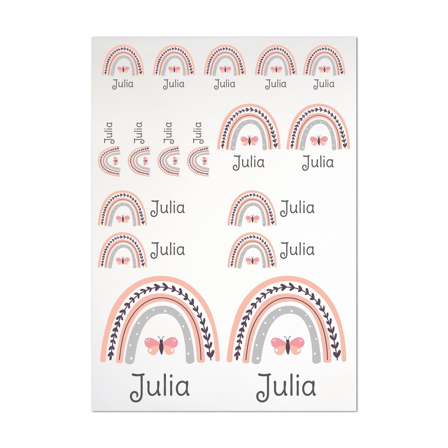 Bügelbild-Bogen mit rosa Regenbogen und Schmetterling: 17 Motive in unterschiedlichen Größen, kombiniert mit dem Namen „Julia“