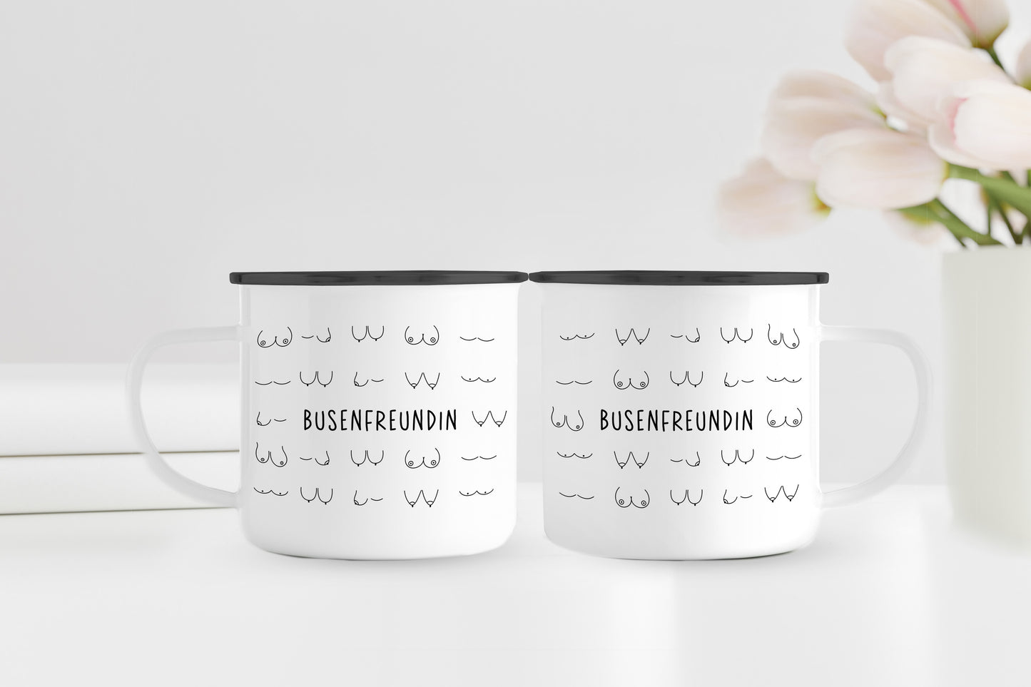 Busenfreundin 2.0 | Emaillebecher | Rand schwarz oder silber | entzückendes Geschenk | Tasse für beste und liebste Freundin | kurz BFF - verschenkich.de