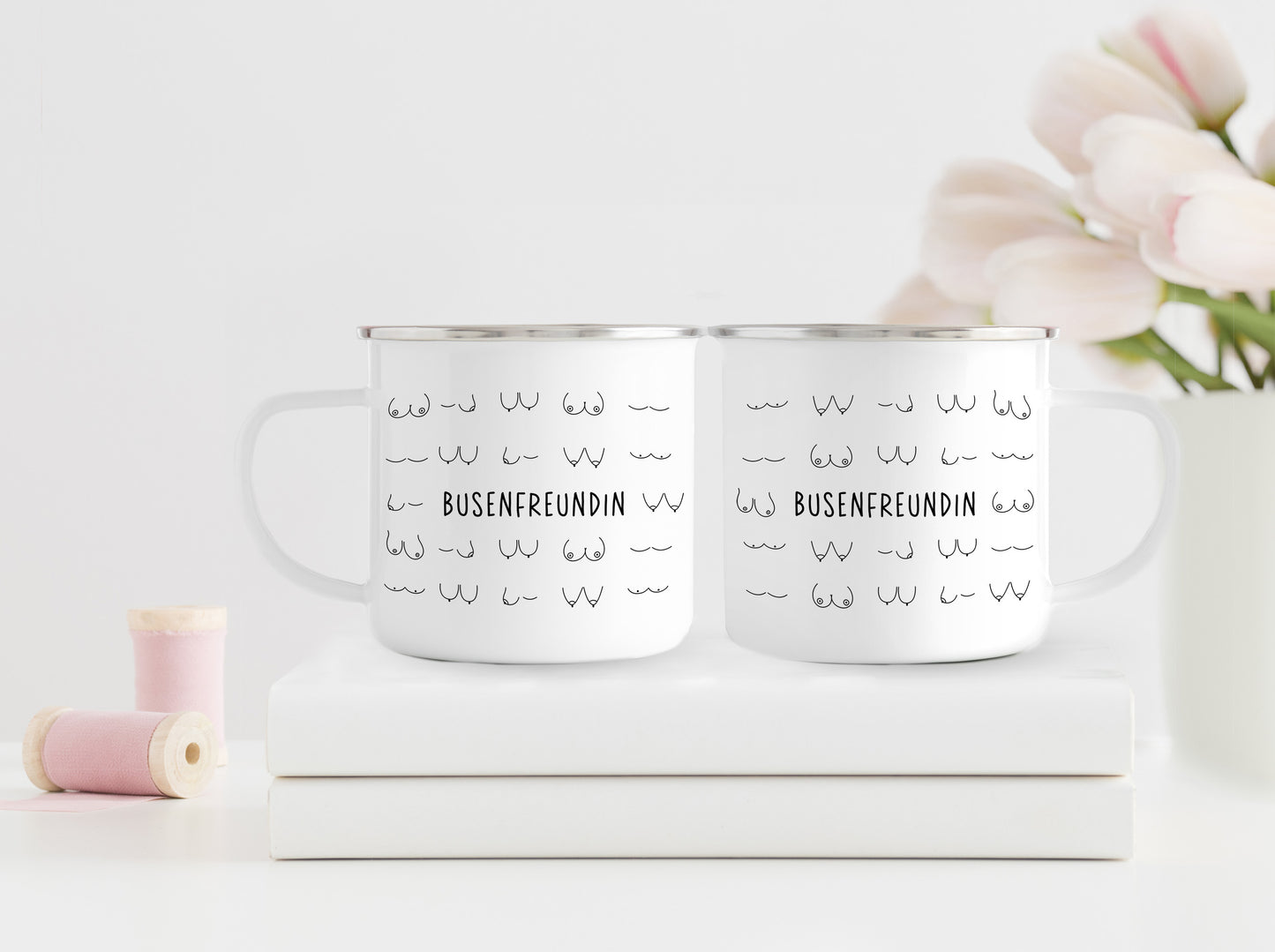 Busenfreundin 2.0 | Emaillebecher | Rand schwarz oder silber | entzückendes Geschenk | Tasse für beste und liebste Freundin | kurz BFF - verschenkich.de