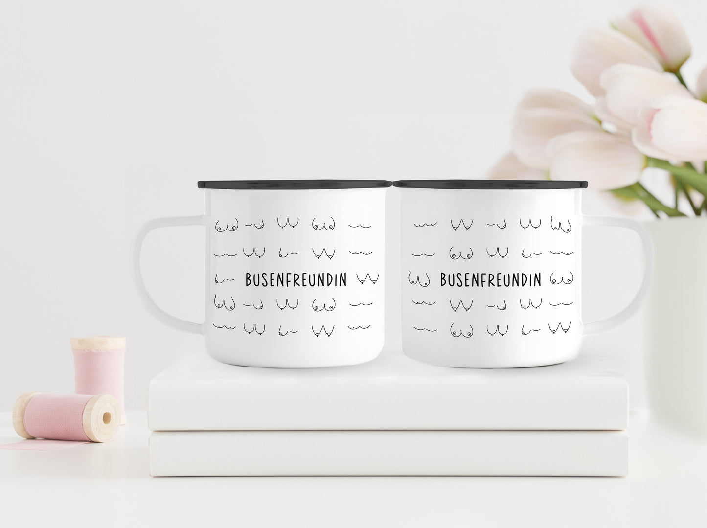 Busenfreundin 2.0 | Emaillebecher | Rand schwarz oder silber | entzückendes Geschenk | Tasse für beste und liebste Freundin | kurz BFF - verschenkich.de