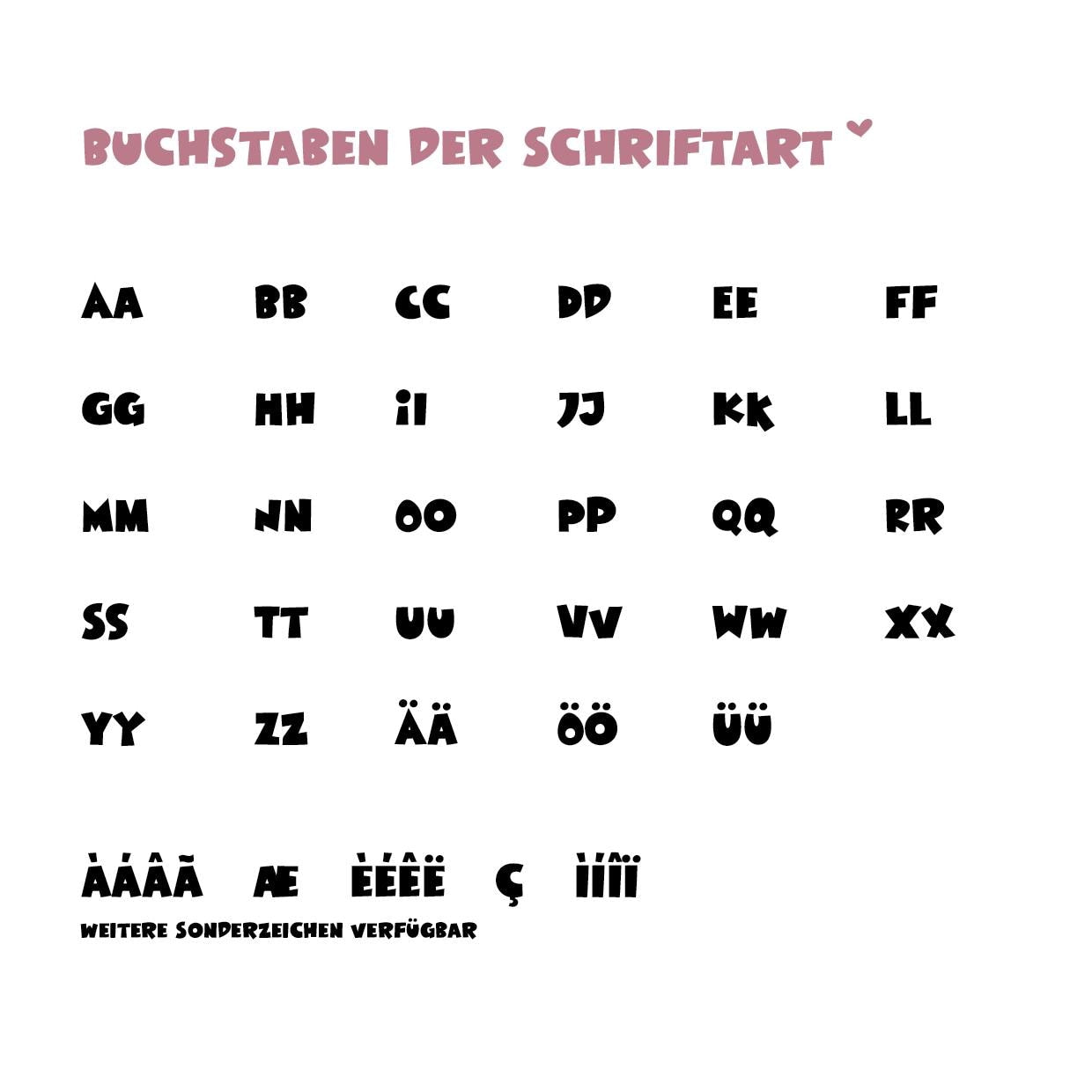 Darstellung der Schriftart fรผr die Namenspersonalisierung mit allen Buchstaben, Umlauten und Sonderzeichen auf weiรem Hintergrund