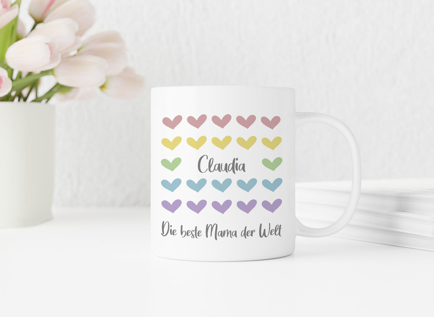 Die beste Mama der Welt | bunte Herzchen | Tasse mit Wunschnamen personalisiert - verschenkich.de