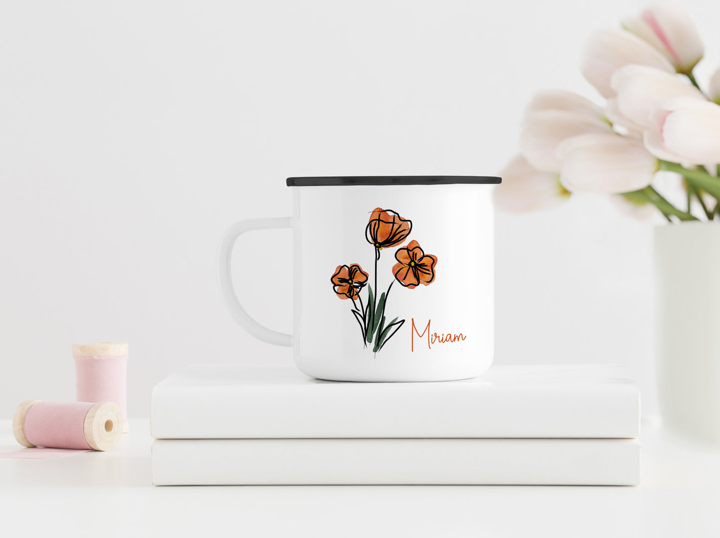 Emaille Tasse mit Name | Mohnblumen - verschenkich.de