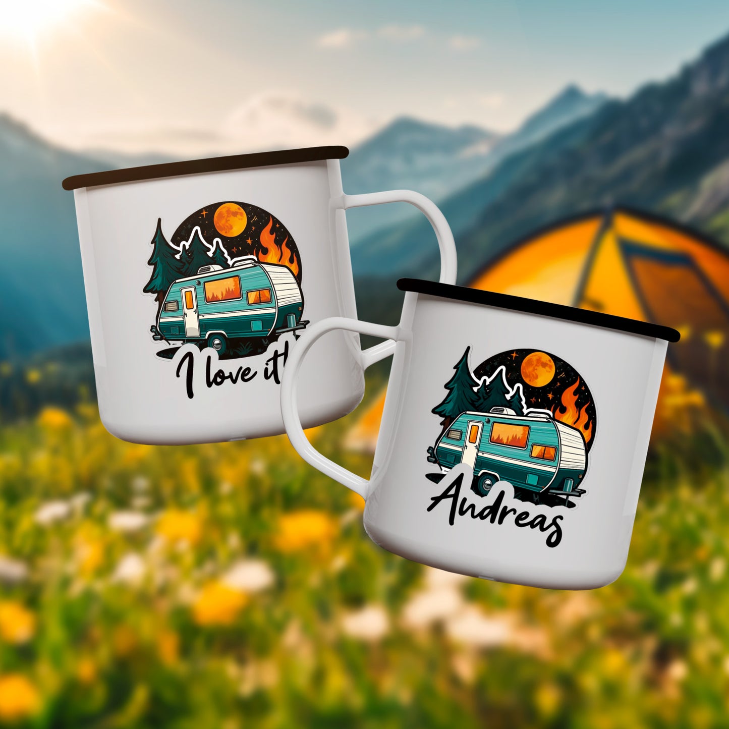 Emaille Tasse | Camping Van 'I Love it' mit Name - verschenkich.de