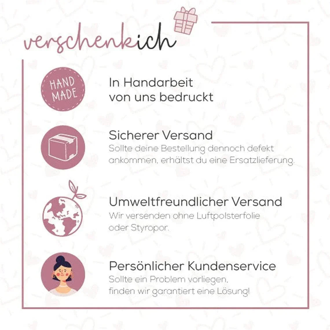 Infografik über verschenkich Vorteile wie Handarbeit, sicherer Versand, umweltfreundlicher Versand und persönlichen Kundenservice mit passenden Icons auf hellem Hintergrund.