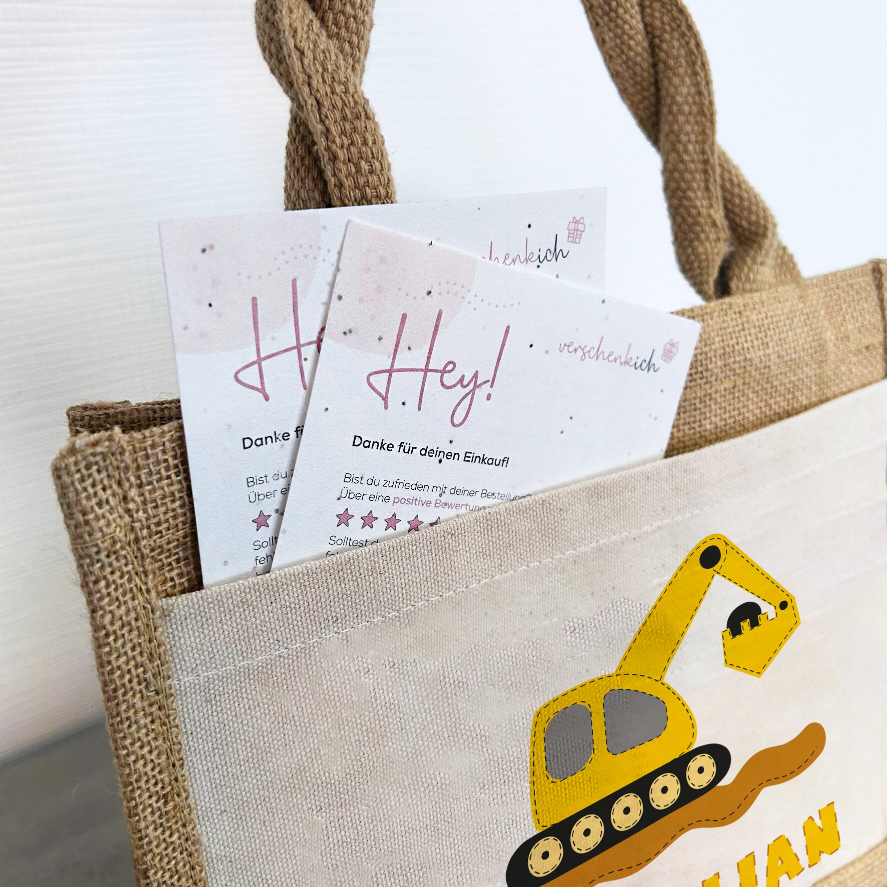 Jute Pocket Tasche mit Namen | Bagger gelb - verschenkich.de