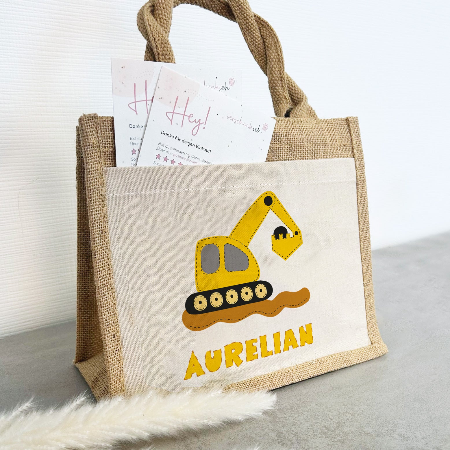 Jute Pocket Tasche mit Namen | Bagger gelb - verschenkich.de