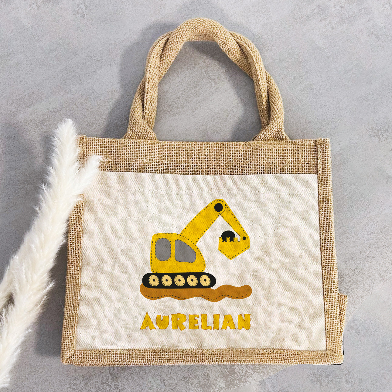 Jute Pocket Tasche mit Namen | Bagger gelb - verschenkich.de