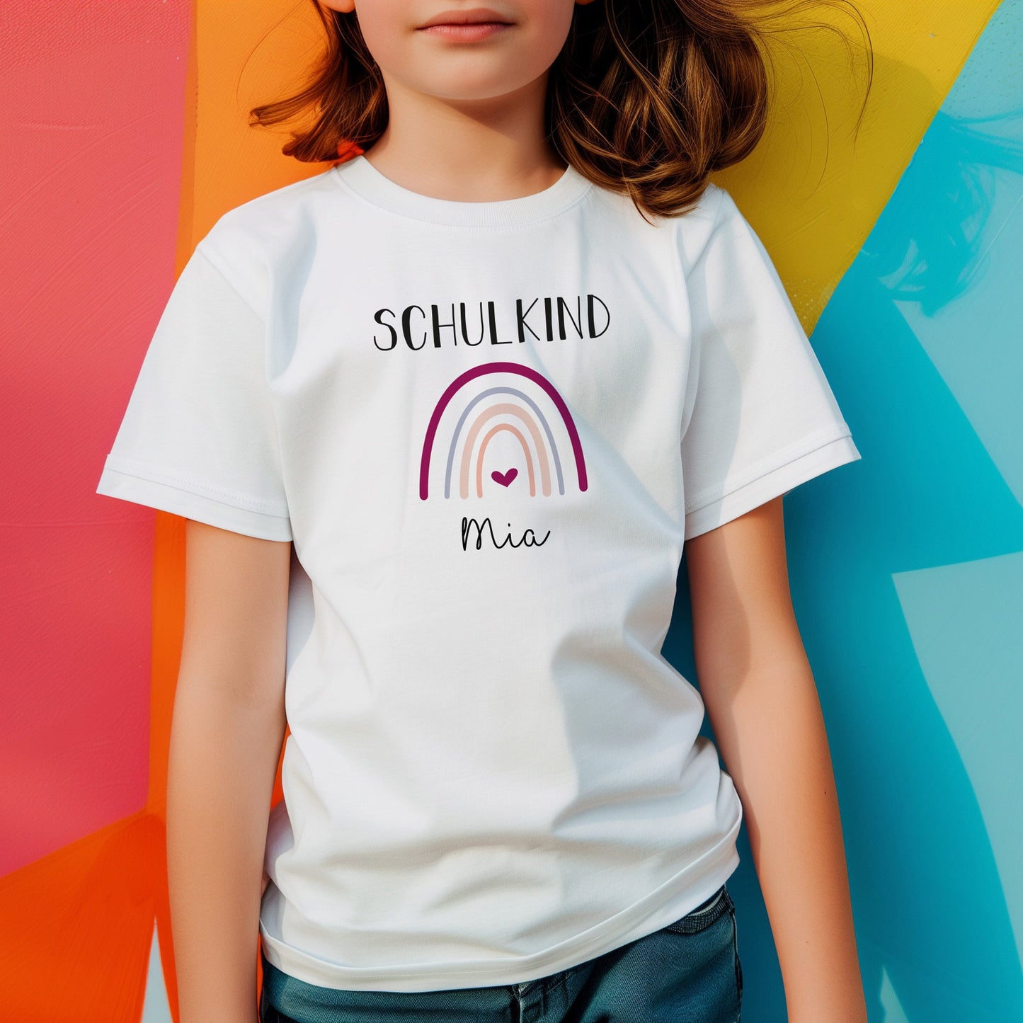 T-Shirt Kinder | Bio-Baumwolle | Schulkind | Regenbogen + Herz lila