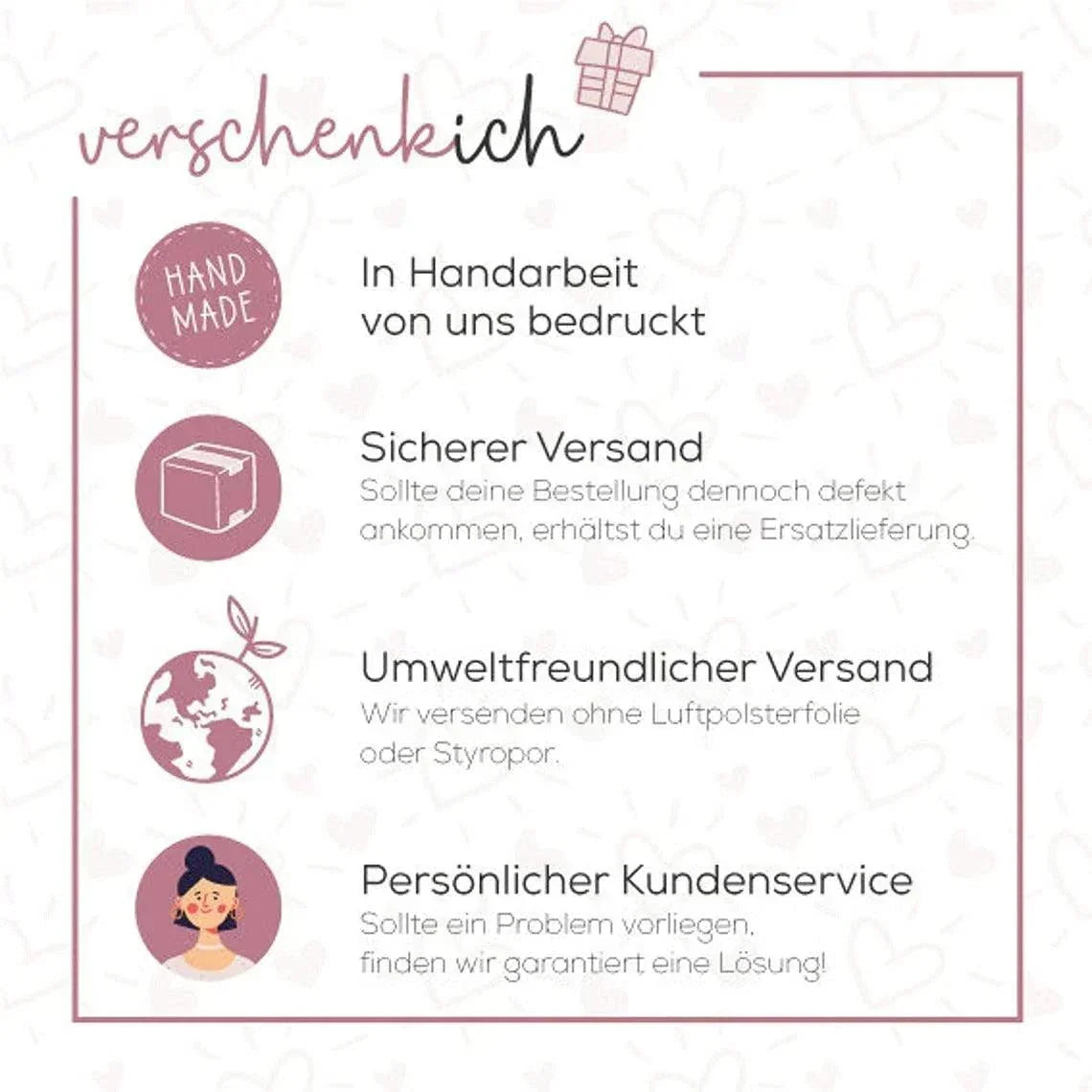 Infografik über verschenkich Vorteile wie Handarbeit, sicherer Versand, umweltfreundlicher Versand und persönlichen Kundenservice mit passenden Icons auf hellem Hintergrund.