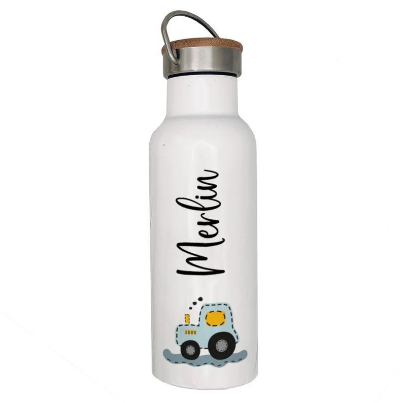 Personalisierte Isolierflasche mit eigenen Namen oder Wunschname - Motiv: Traktor Blau - verschenkich.de