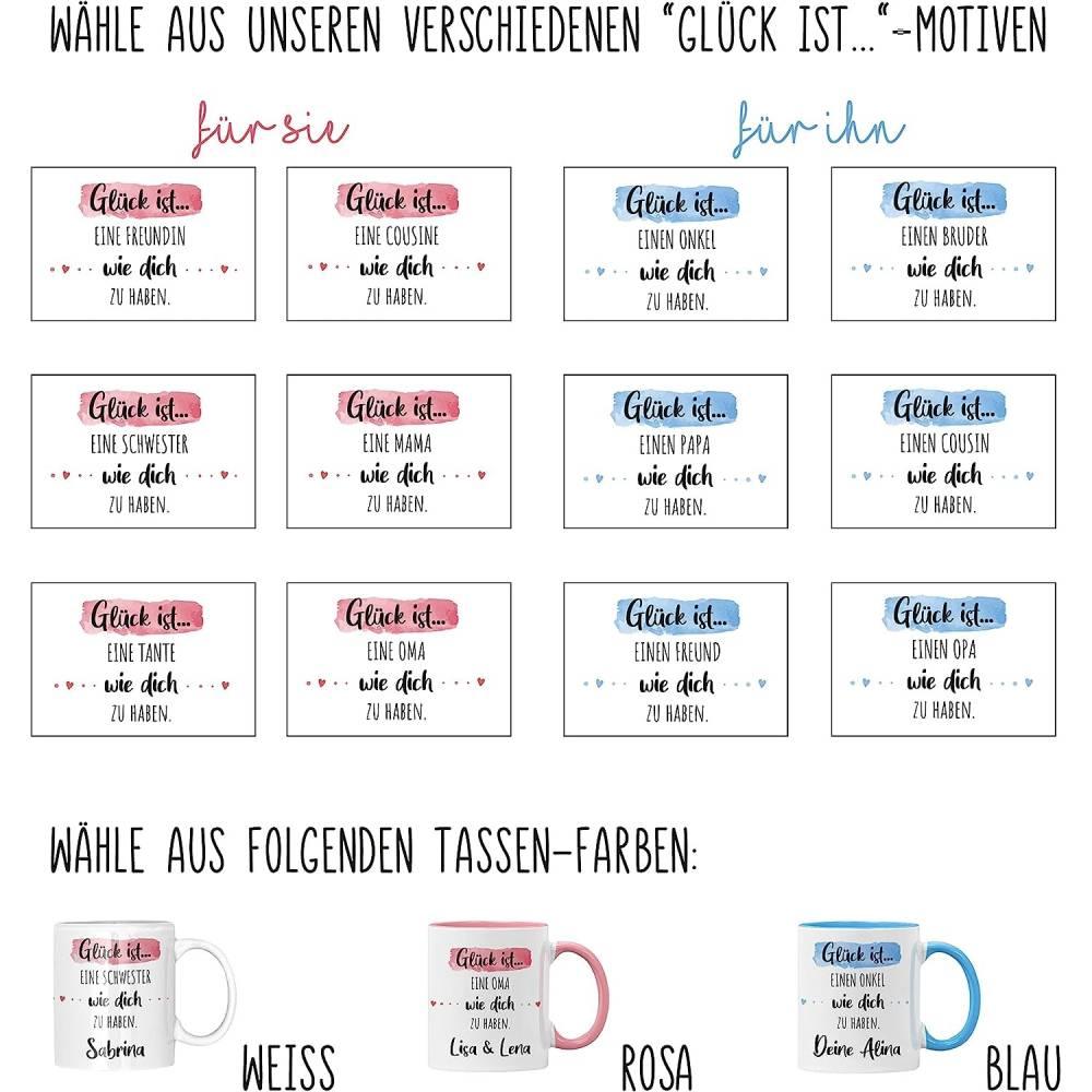 Personalisierte Kaffeetasse "Glück ist eine Tante wie dich zu haben" mit Wunschname. Tasse mit Name - Motiv: Eine Tante... - verschenkich.de