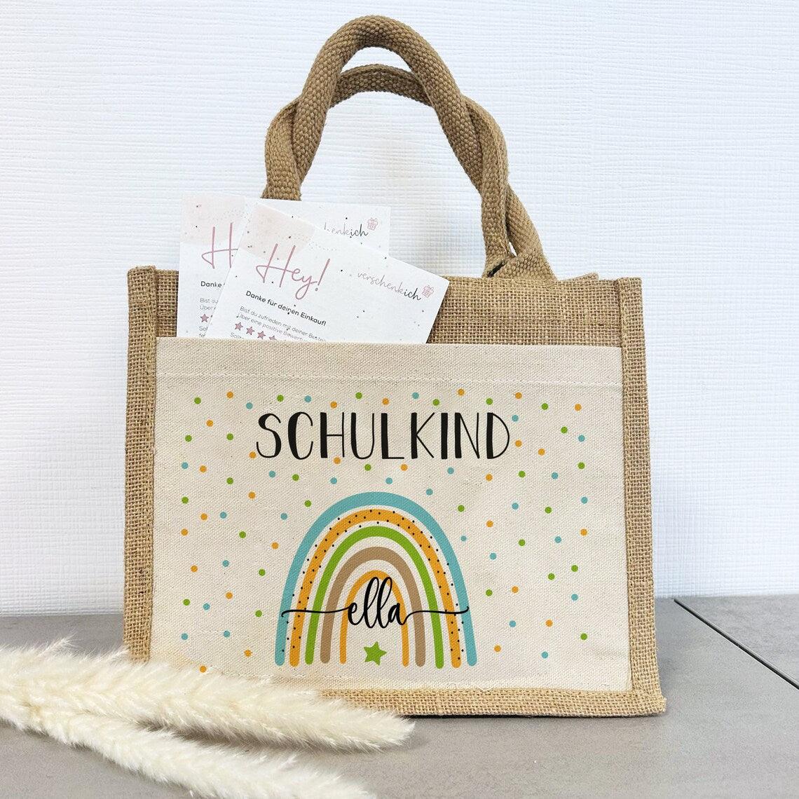 Personalisierte Schulkind-Tasche mit eigenen Namen oder Wunschname - Motiv: Regenbogen Blau-Grün - verschenkich.de