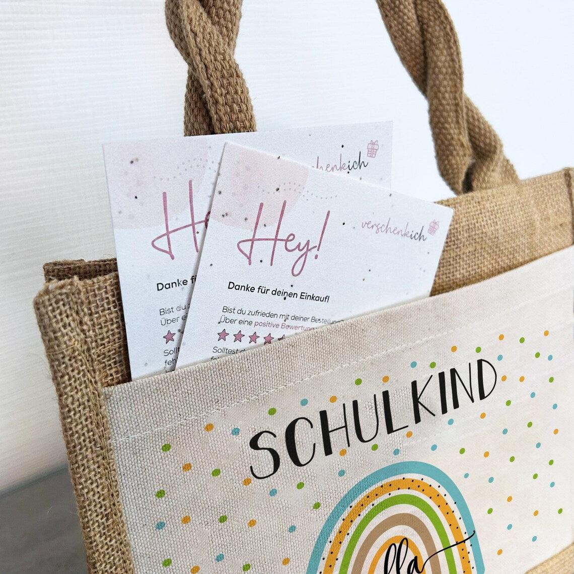 Personalisierte Schulkind-Tasche mit eigenen Namen oder Wunschname - Motiv: Regenbogen Blau-Grün - verschenkich.de