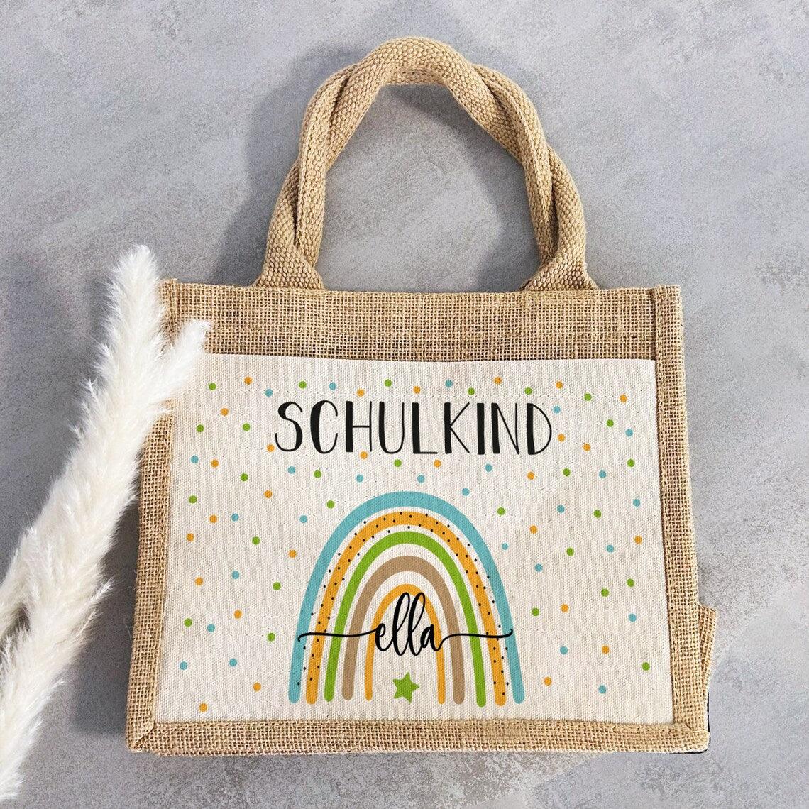 Personalisierte Schulkind-Tasche mit eigenen Namen oder Wunschname - Motiv: Regenbogen Blau-Grün - verschenkich.de