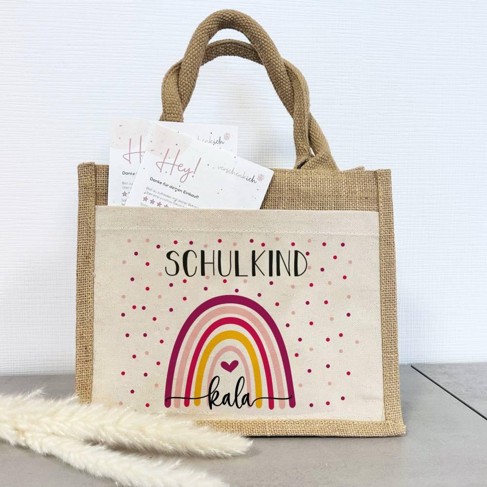 Einschulung | Personalisierte Jute Pocket Tasche | mit Wunschnamen | Schulkind Regenbogen pink- bunt | als Geschenktasche für Schulanfang - verschenkich.de