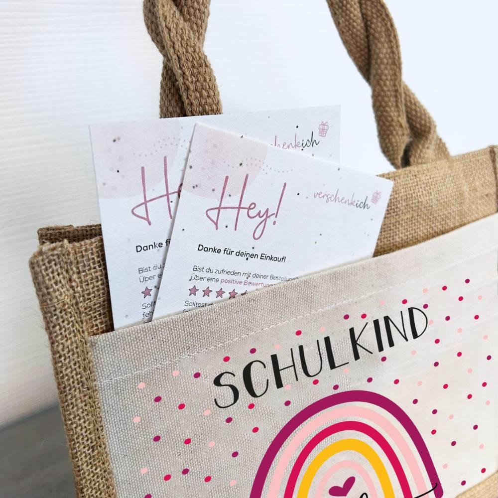 Einschulung | Personalisierte Jute Pocket Tasche | mit Wunschnamen | Schulkind Regenbogen pink- bunt | als Geschenktasche für Schulanfang - verschenkich.de