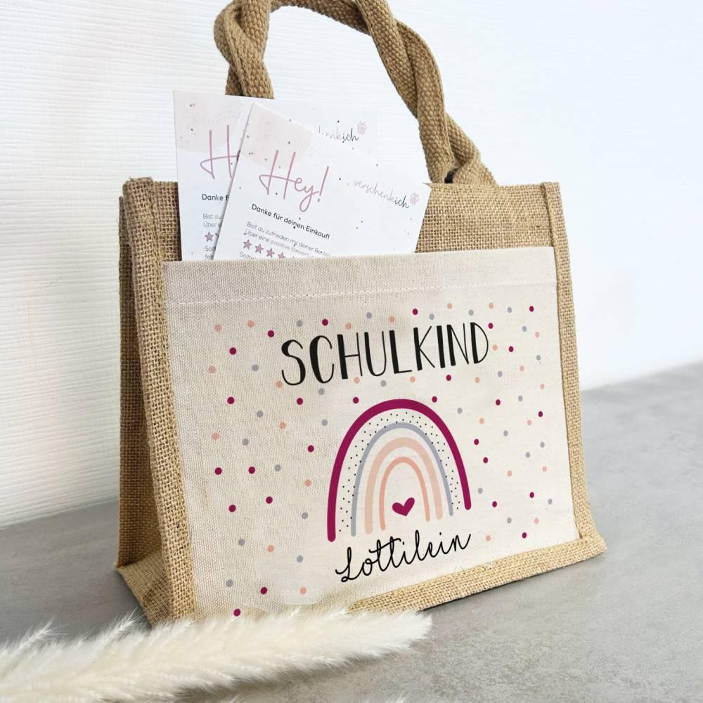 Personalisierte Schulkind-Tasche mit eigenen Namen oder Wunschname - Motiv: Regenbogen Lila - verschenkich.de