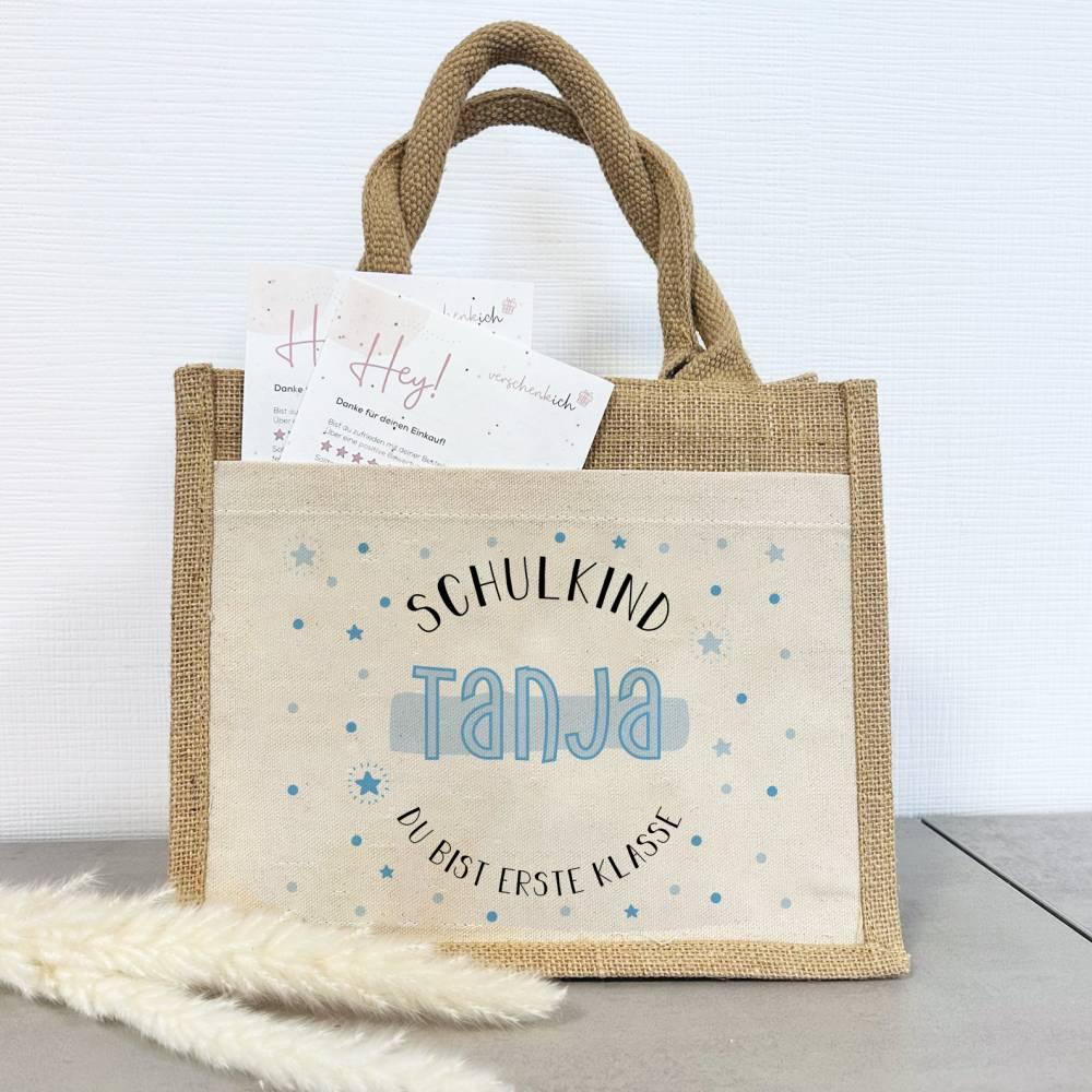 Personalisierte Schulkind-Tasche mit eigenen Namen oder Wunschname - Motiv: Schulkind Blau - verschenkich.de