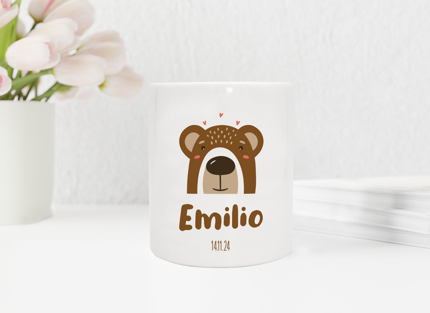 Personalisierte Spardose aus Keramik | Bär mit Name und Datum - verschenkich.de
