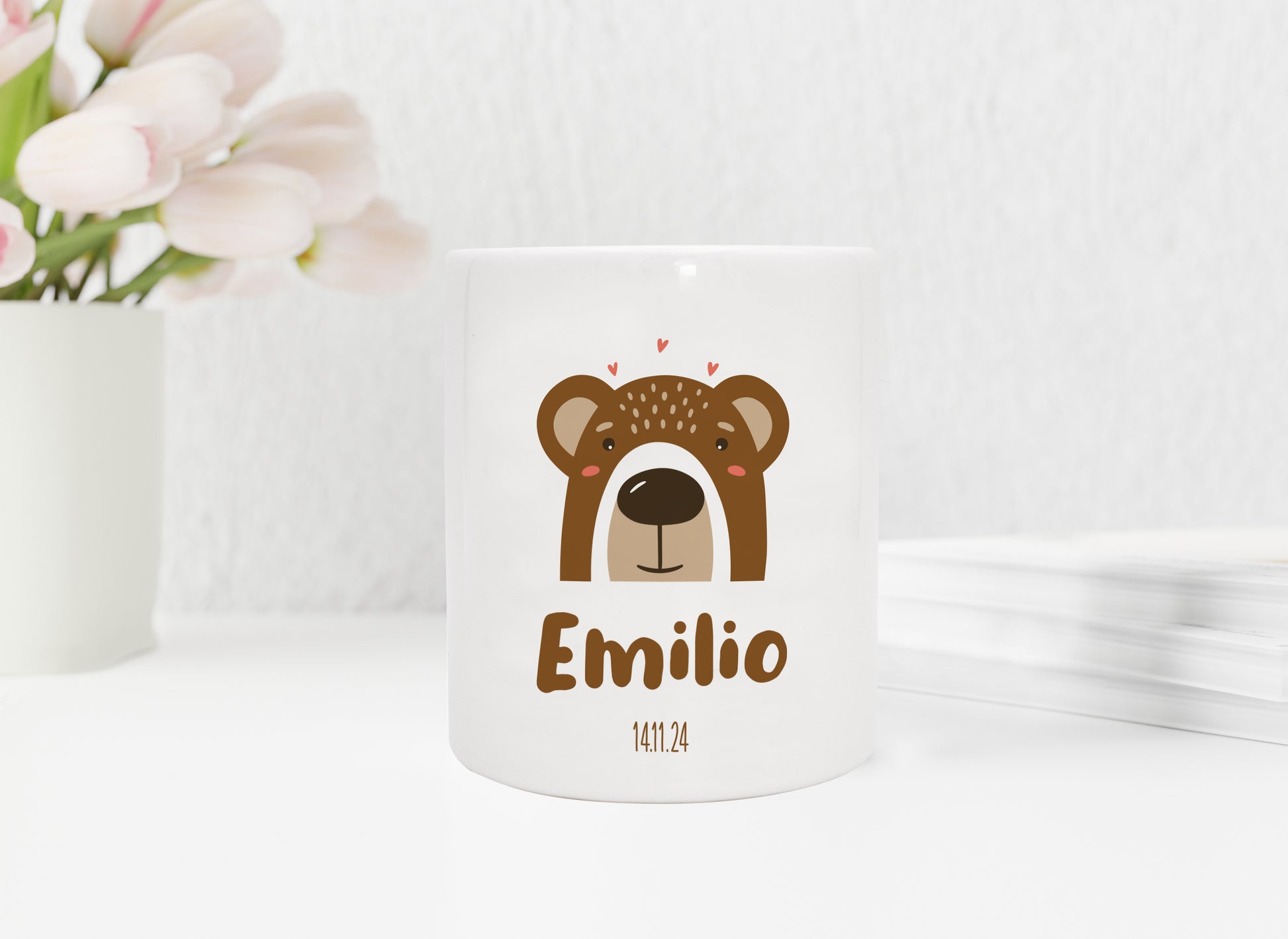 Personalisierte Spardose aus Keramik | Bär mit Name und Datum - verschenkich.de