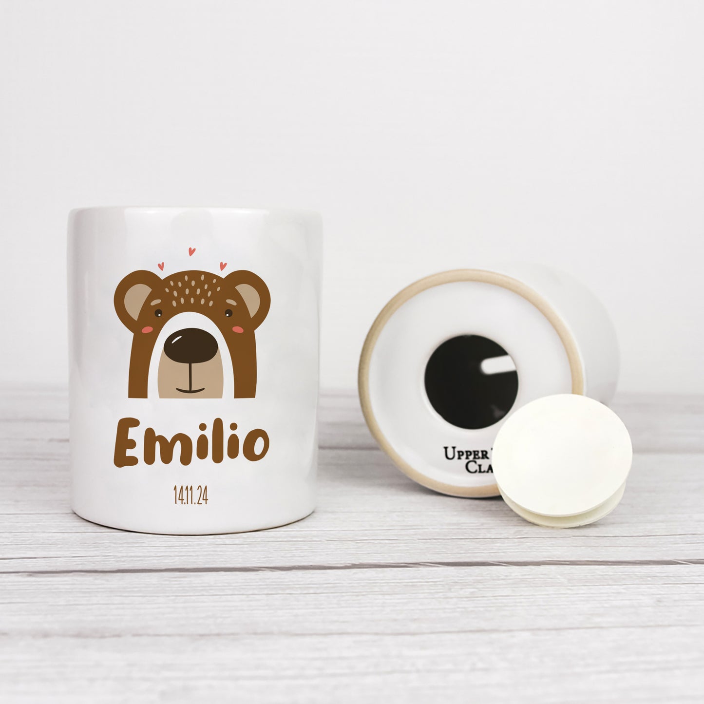 Personalisierte Spardose aus Keramik | Bär mit Name und Datum - verschenkich.de