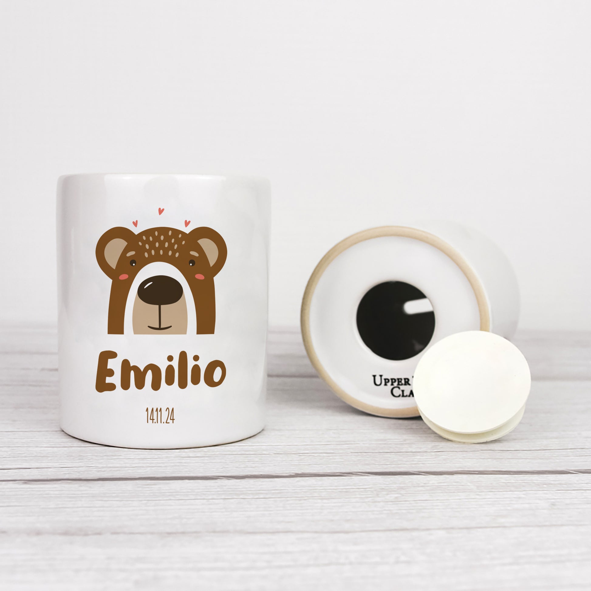 Personalisierte Spardose aus Keramik | Bär mit Name und Datum - verschenkich.de