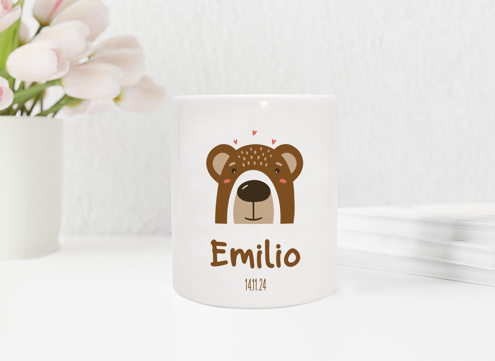 Personalisierte Spardose aus Keramik | Bär mit Name und Datum - verschenkich.de